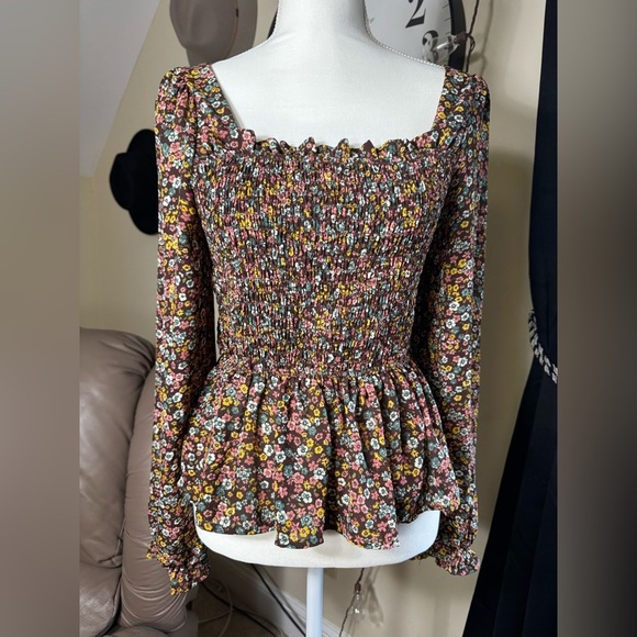 Mine Yellow and Brown Smocked Peplum Blouse with Puff Sleeves - Picture 1 of 8